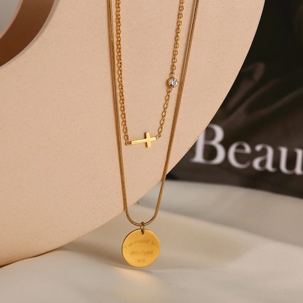 18K Gold Plated Double Layered Necklace*Stackable Cross Necklace*Round PendantLW - Picture 2 of 8